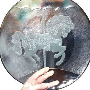 Rare Vintage glass Carousel serving/ cake plate 12 1/2in. Round.